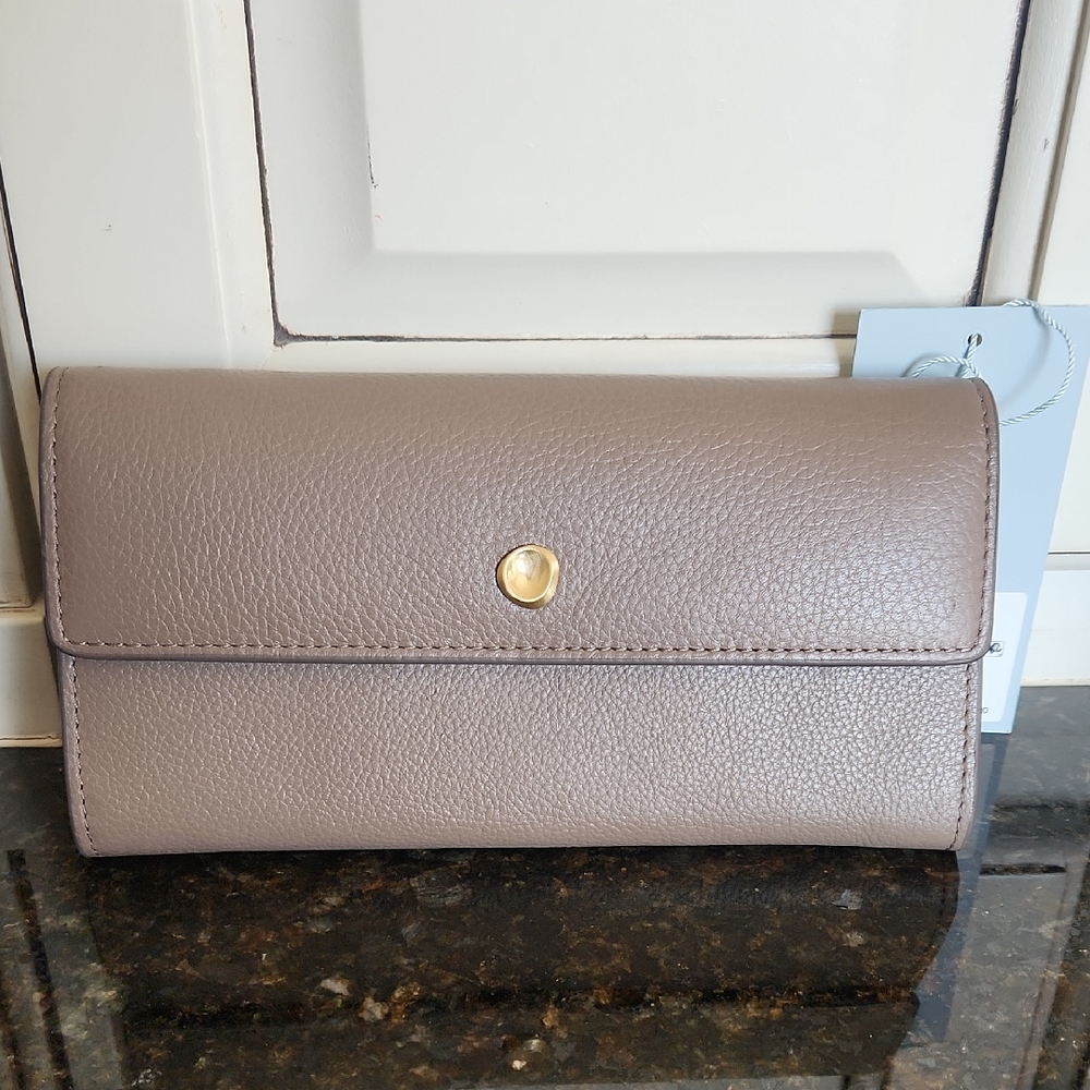 ANTONIO MELANI Taupe Pebbled Leather Wallet with Gold Snap